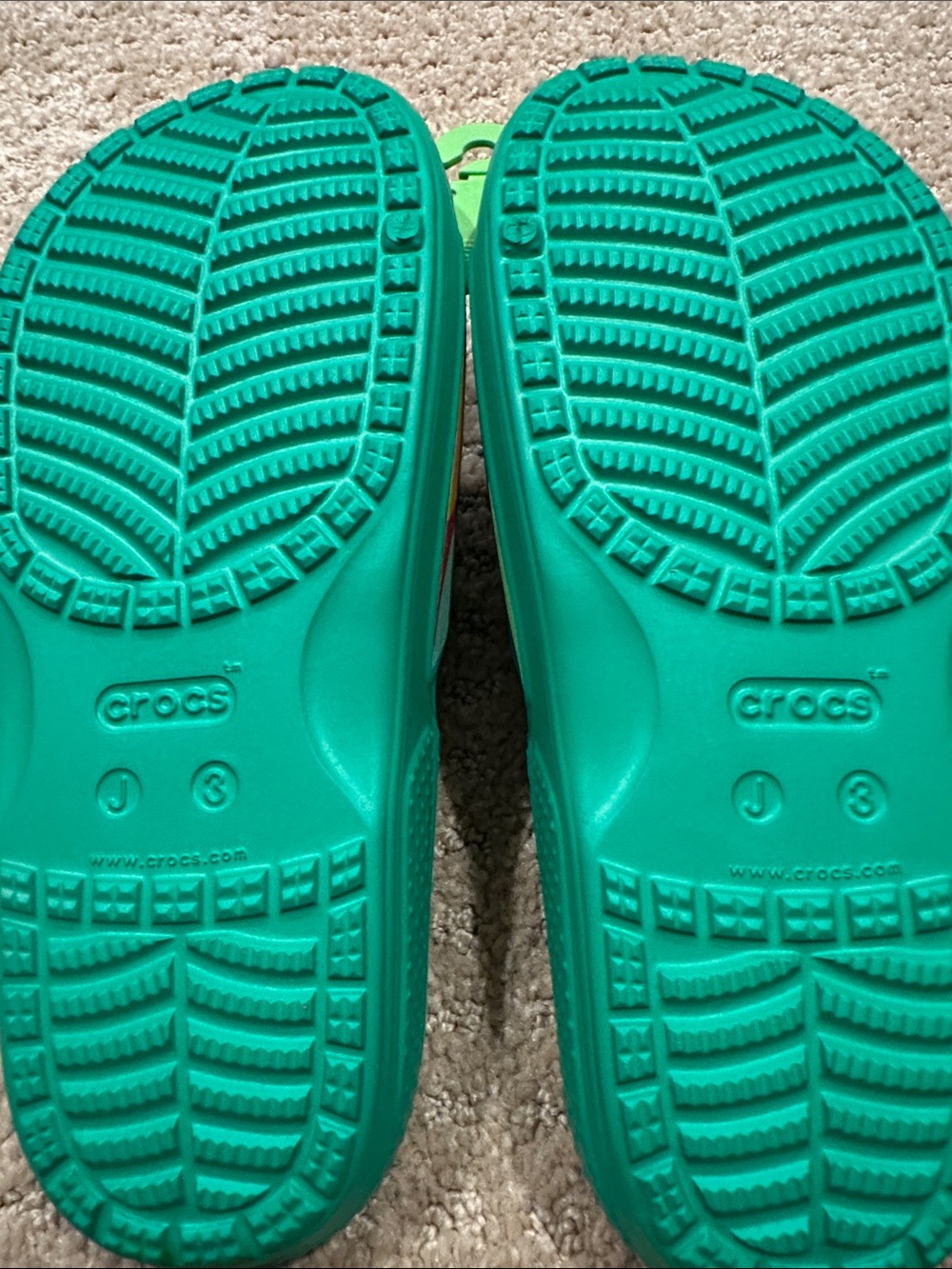 CROCS Teal Slide Sandals with Rainbow Straps and Red Mushroom Charms - Picture 4 of 6